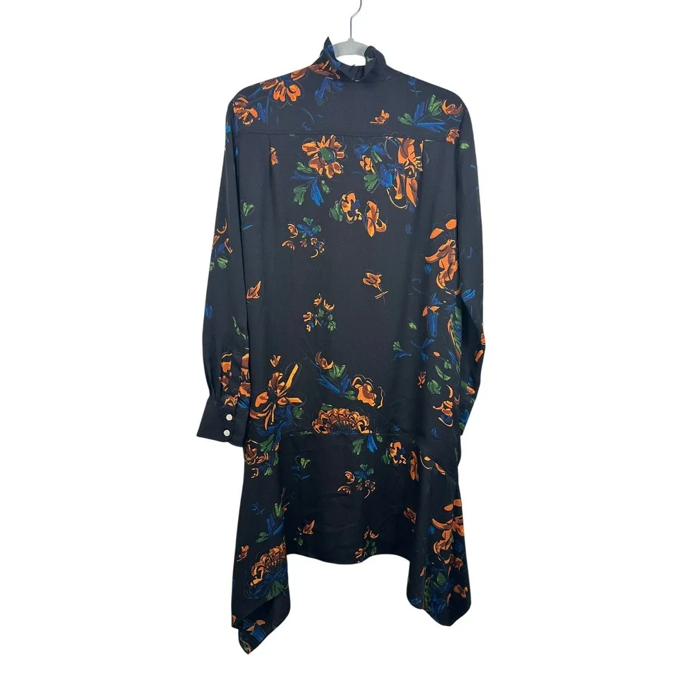 Tory Burch Shirt Dress Womens 10 Black Floral NWOT Ruffle High-Low 74814